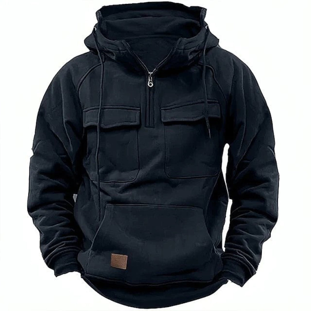Side view of a men's retro motorcycle style hoodie, full zipper, designed for comfort