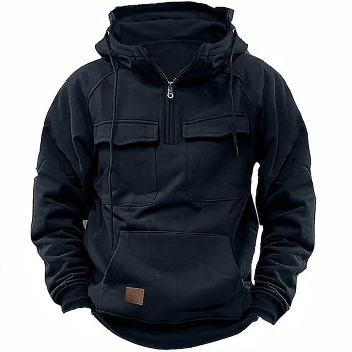 Side view of a men's retro motorcycle style hoodie, full zipper, designed for comfort