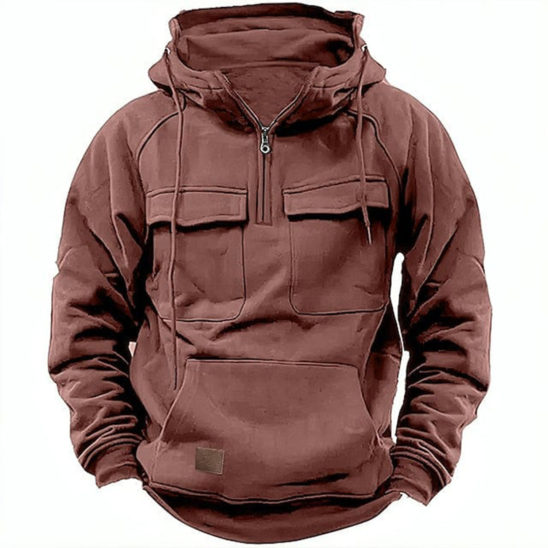 Detail of the zipper and collar on a men's new retro motorcycle hoodie, polyester material