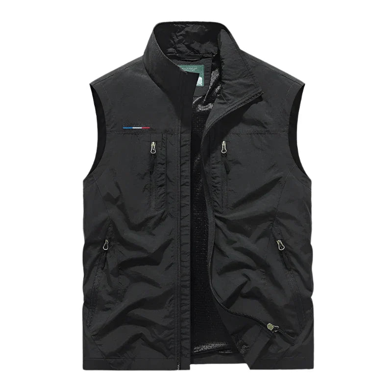 Lightweight men's insulated gilet in black, perfect as a waterproof vest for casual utility outerwear