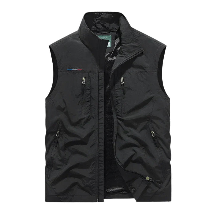 Lightweight men's insulated gilet in black, perfect as a waterproof vest for casual utility outerwear