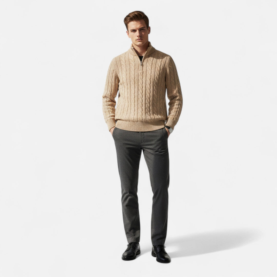 Elegant men's knit half-zip pullover, embodying old money aesthetic and versatile winter fashion for sophisticated wear.