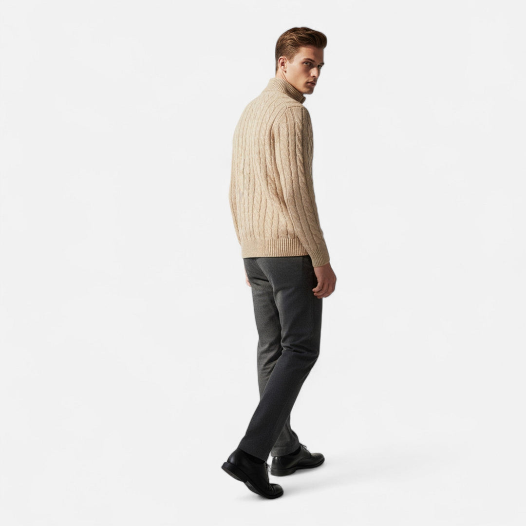 Refined men's half-zip sweater, a versatile classic knit pullover for timeless style and ultimate comfort in menswear.