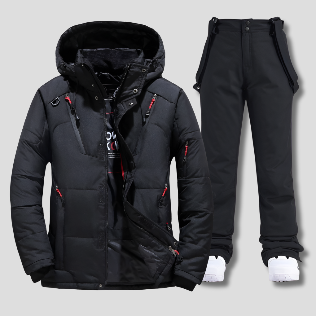 Men's one-piece weather-resistant ski suit for cold weather sports like skiing and snowboarding