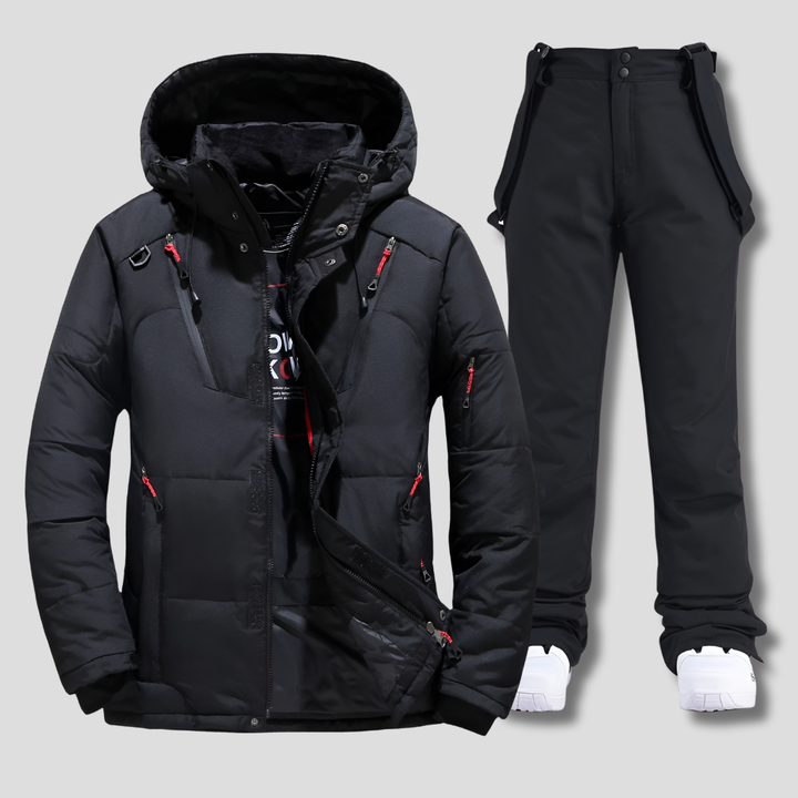 Men's one-piece weather-resistant ski suit for cold weather sports like skiing and snowboarding