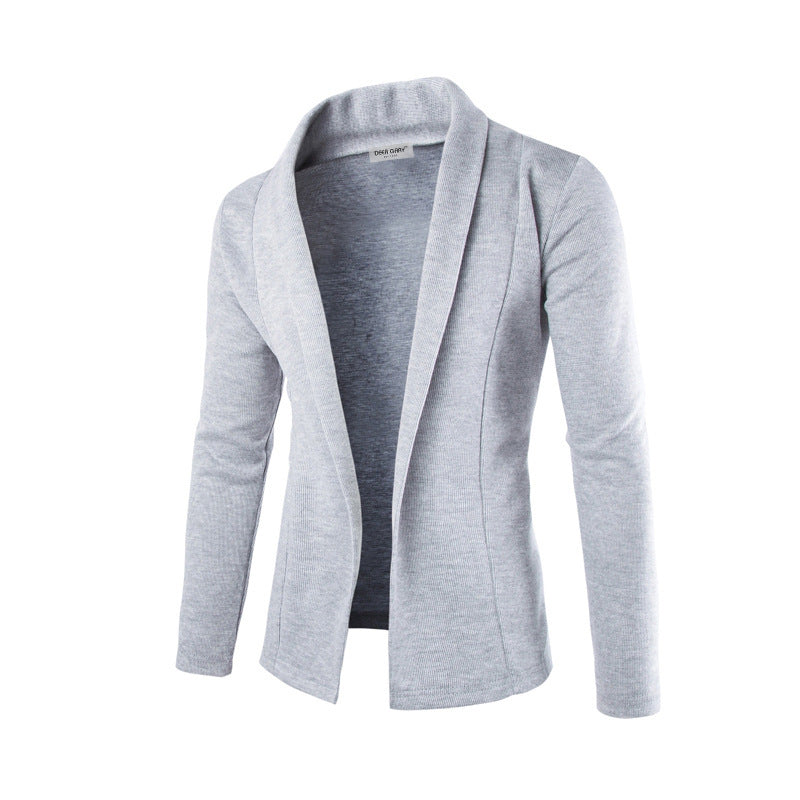 Comfortable men's shawl collar cardigan with open front, a stylish knit for casual and layered fashion.