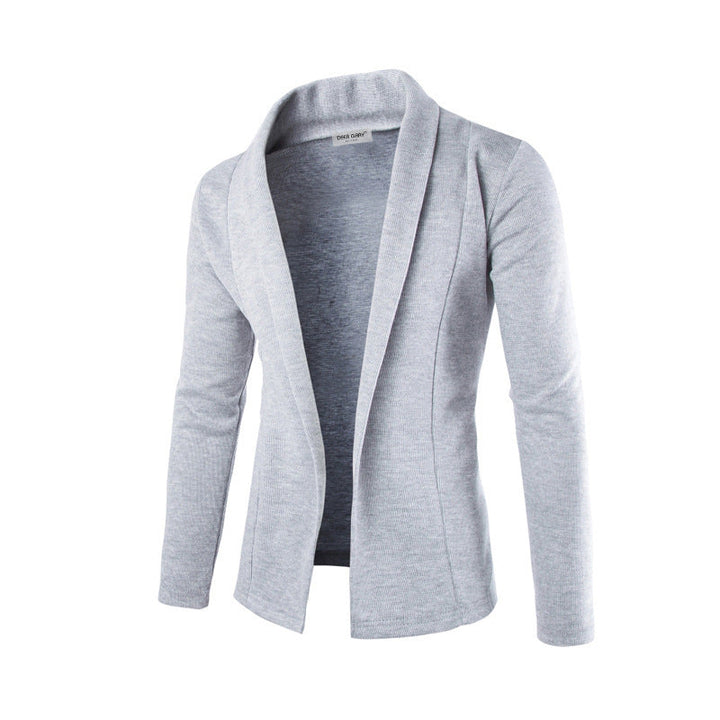 Comfortable men's shawl collar cardigan with open front, a stylish knit for casual and layered fashion.