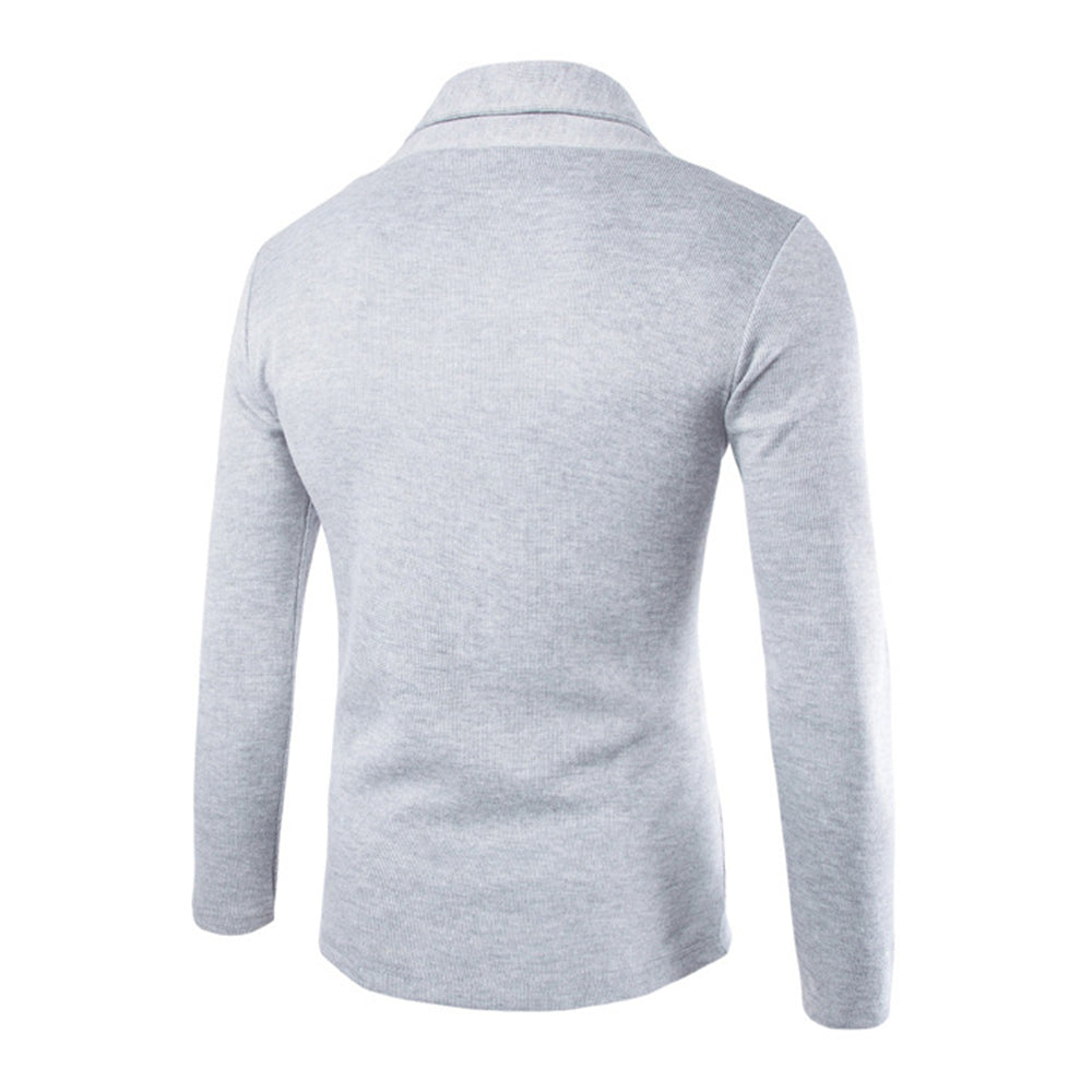 Hip-length, long sleeve men's open front cardigan with a chic shawl collar, great for fall fashion.
