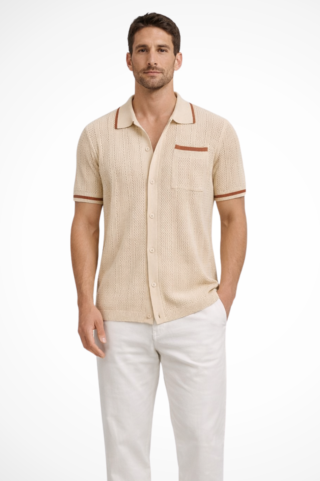 Men's openwork knit camp collar shirt, short sleeve with contrast trim. Perfect casual summer style.