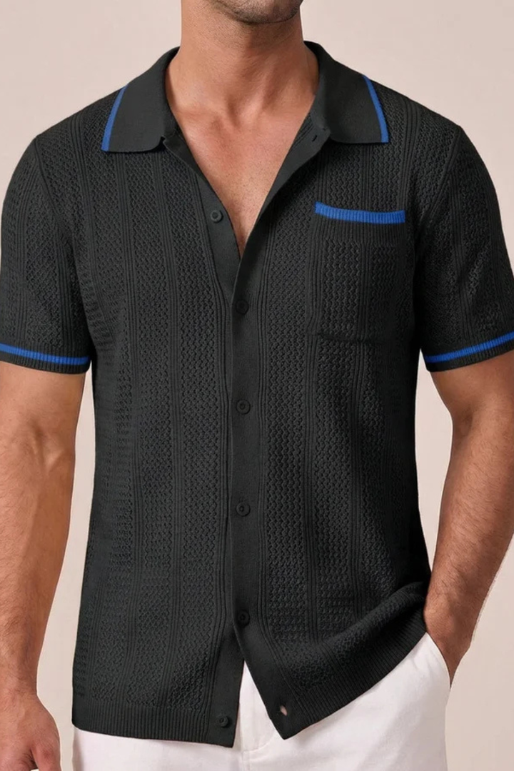 Versatile men's casual summer shirt: openwork knit, short sleeve, camp collar, button front, contrast trim.