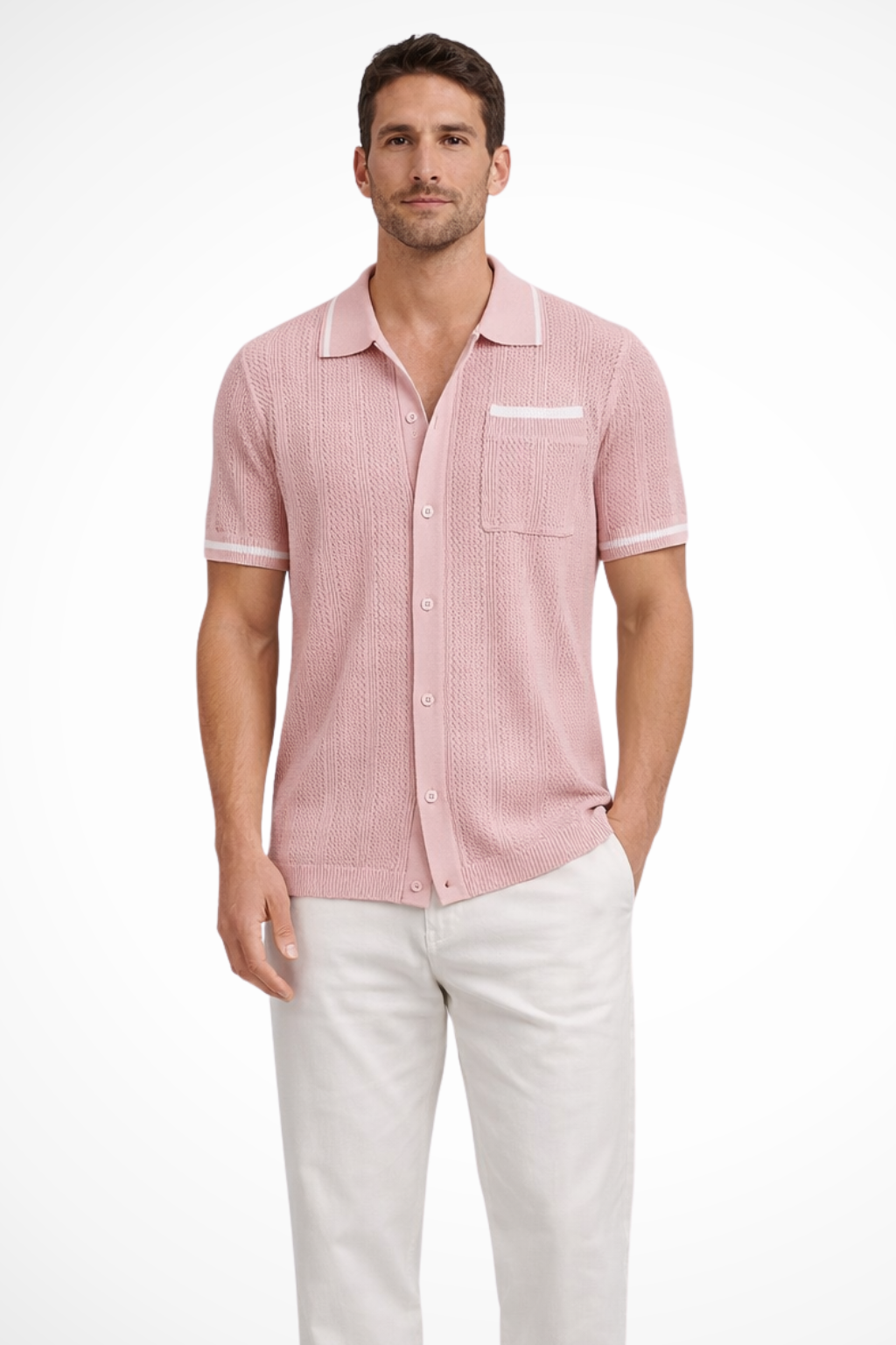 Casual men's summer shirt, openwork knit, short sleeve, camp collar. Stylish button-front with trim.