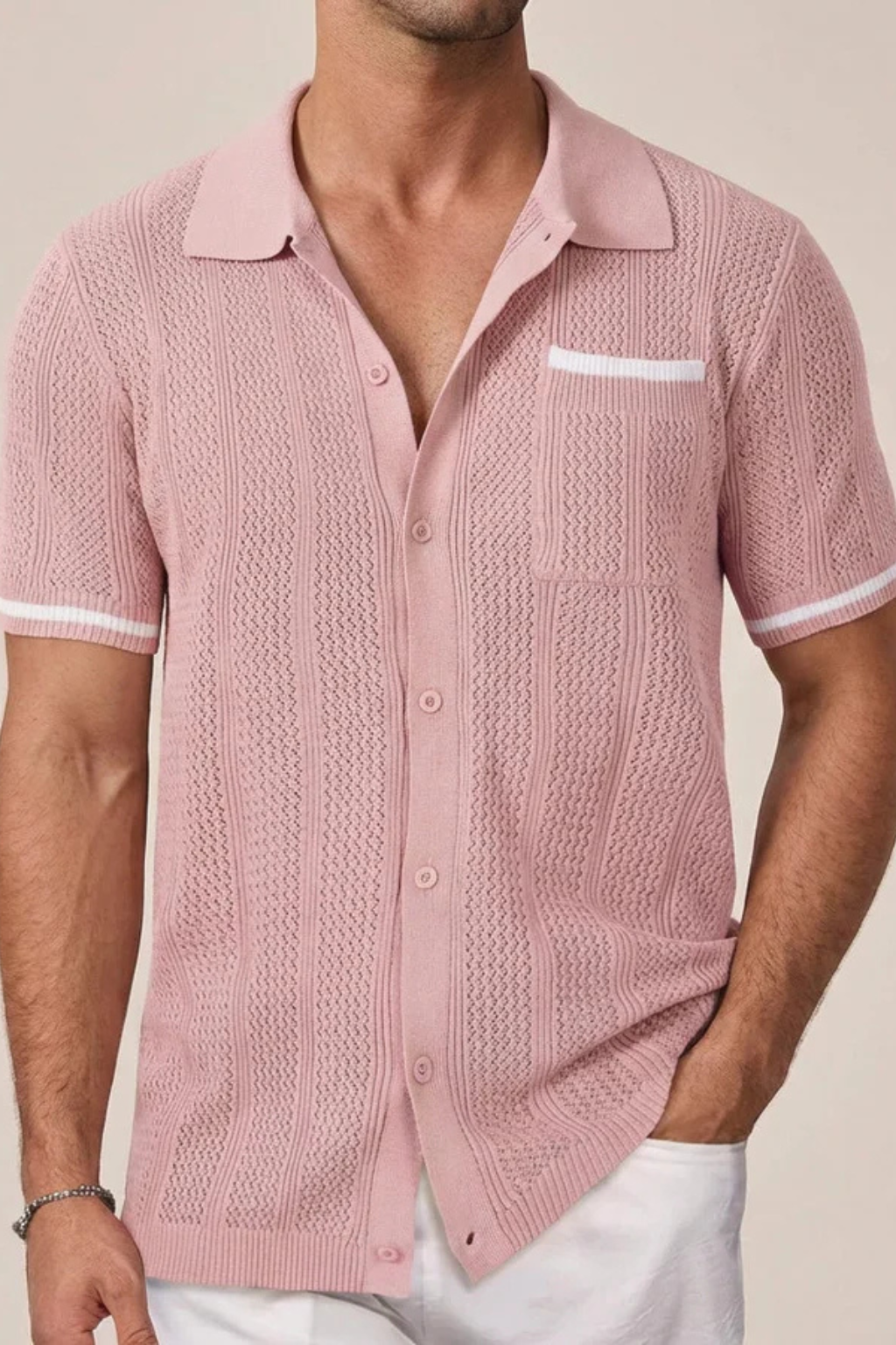 Textured openwork knit men's shirt, short sleeve, camp collar, contrast trim. Relaxed fit for summer.