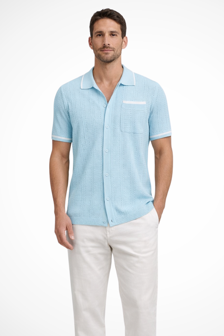 Comfortable men's short sleeve openwork knit camp collar shirt with stylish contrast trim for summer.