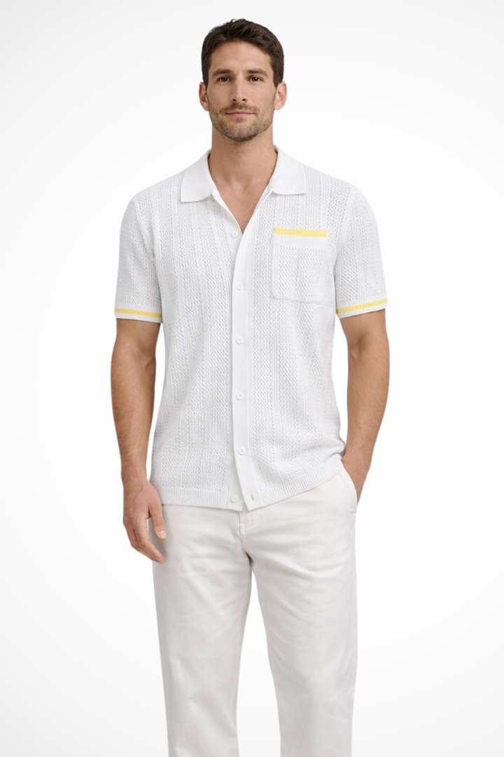 Relaxed fit men's summer shirt. Openwork knit, short sleeve, camp collar, contrast trim. Breathable.