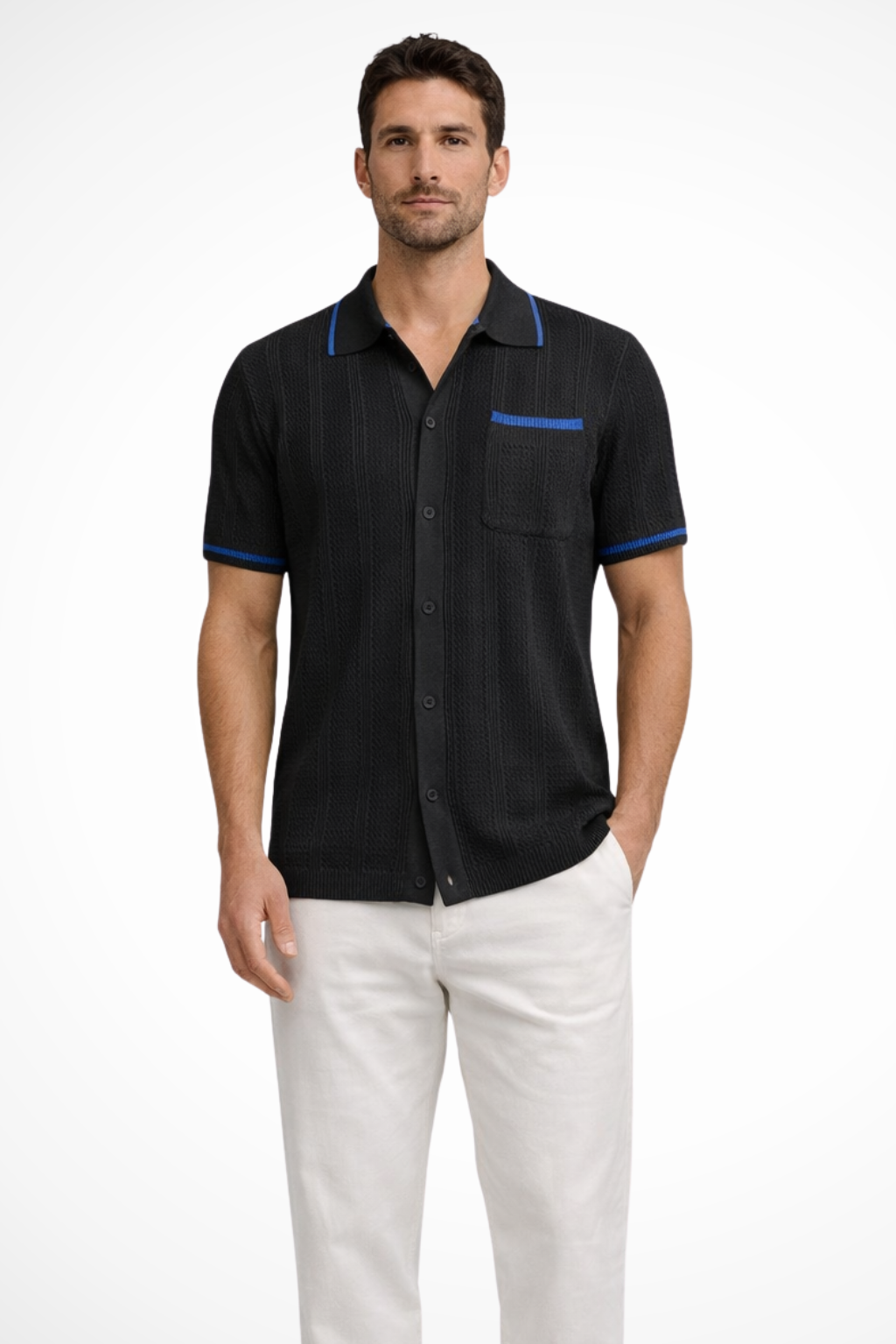 Fashionable men's openwork knit camp collar shirt, short sleeve. Features unique texture & contrast trim.