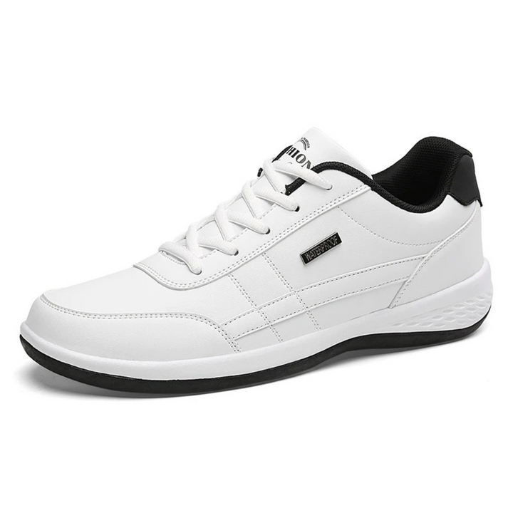 Stylish men's black leather orthopedic sneakers with slip-resistant sole, perfect for comfortable balance