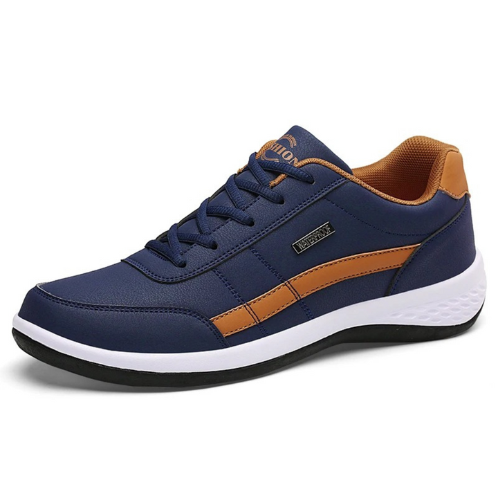 Close-up of men's orthopedic leather sneaker, highlighting texture and comfortable design for everyday wear