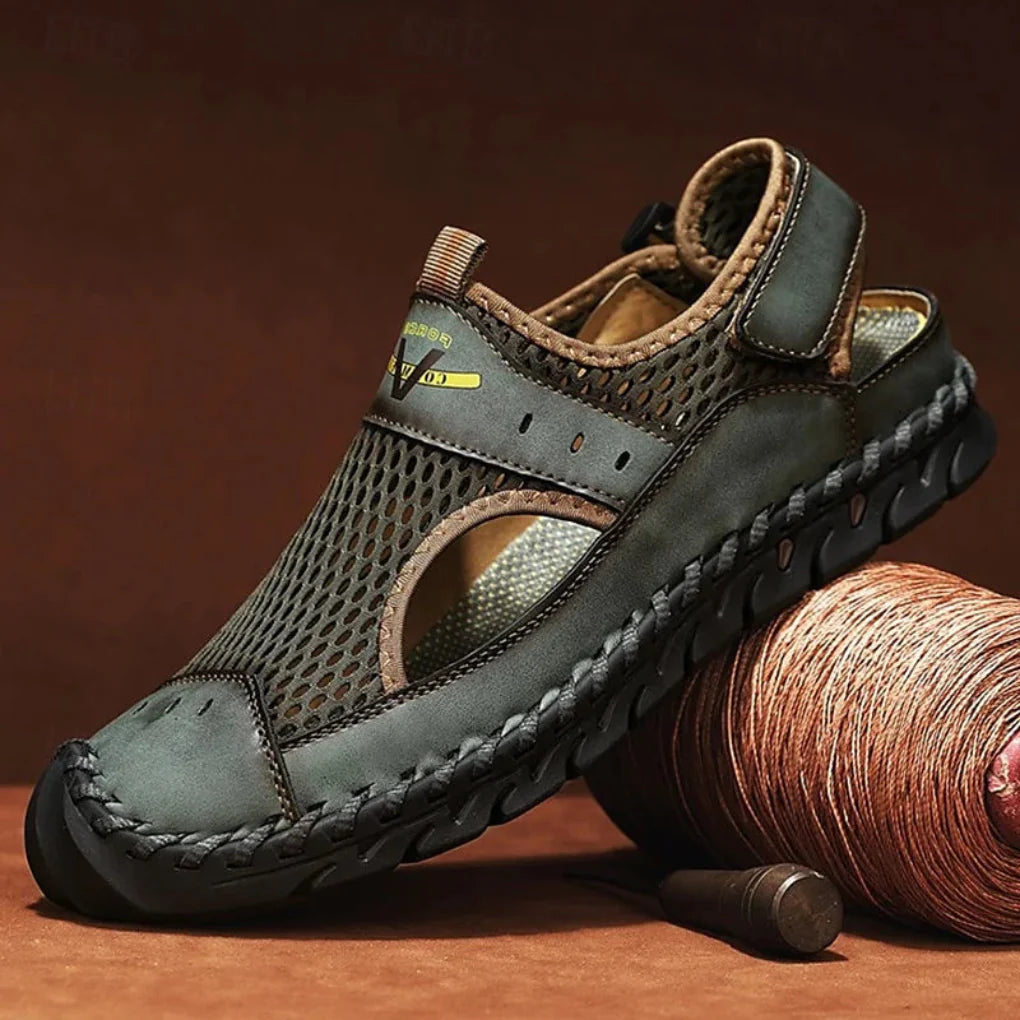 Stylish men's summer sandals, breathable mesh, dark blue, ideal orthopedic footwear for foot pain relief