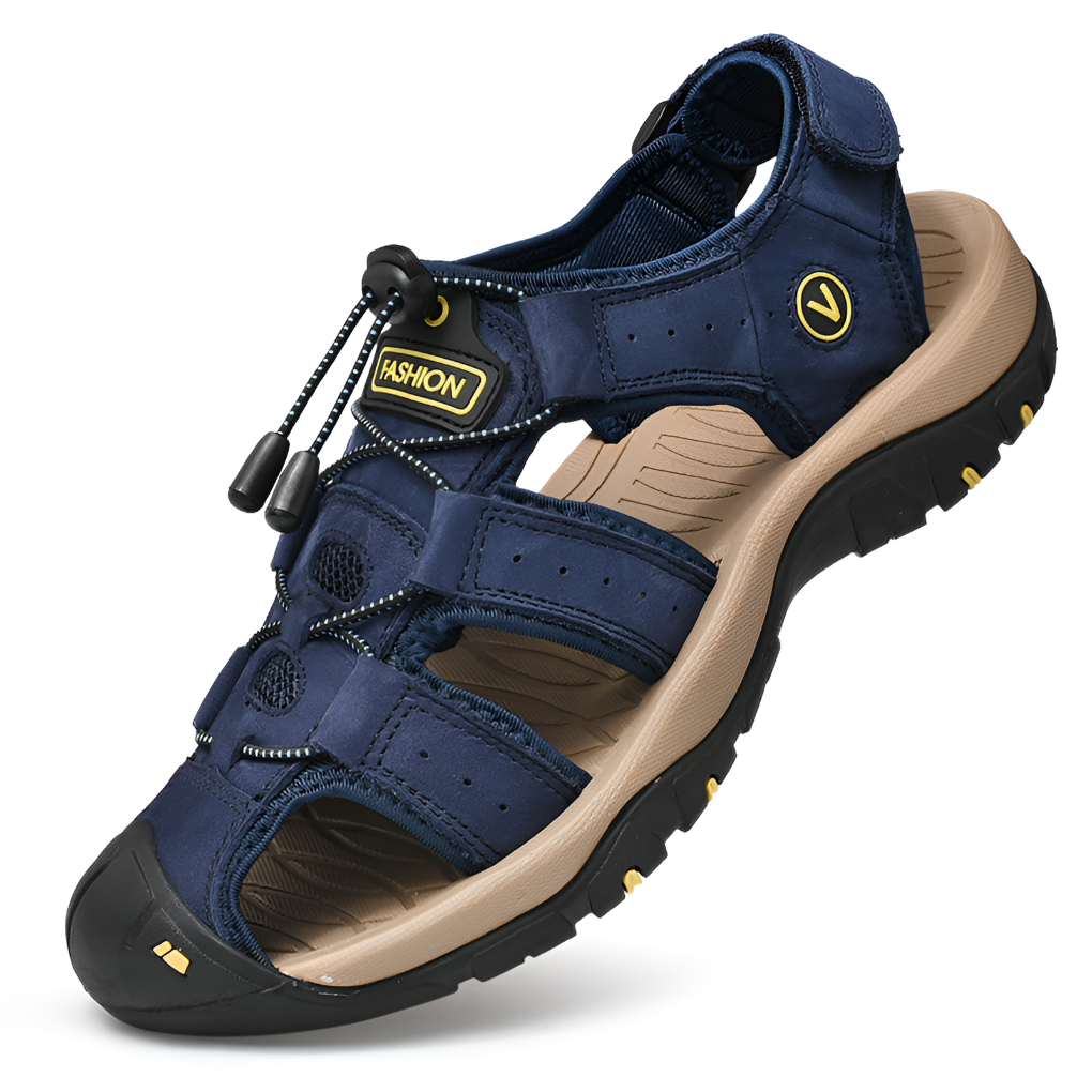 Men's walking sandals with ergonomic design, adjustable hook-and-loop straps, and cushioned footbed.