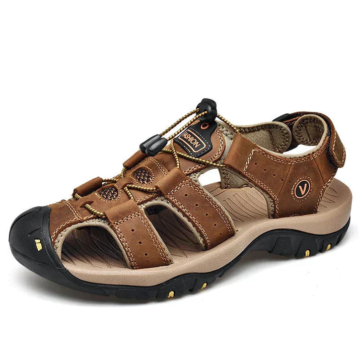 Close-up of men's orthopedic sandals highlighting the comfortable arch support for foot health.