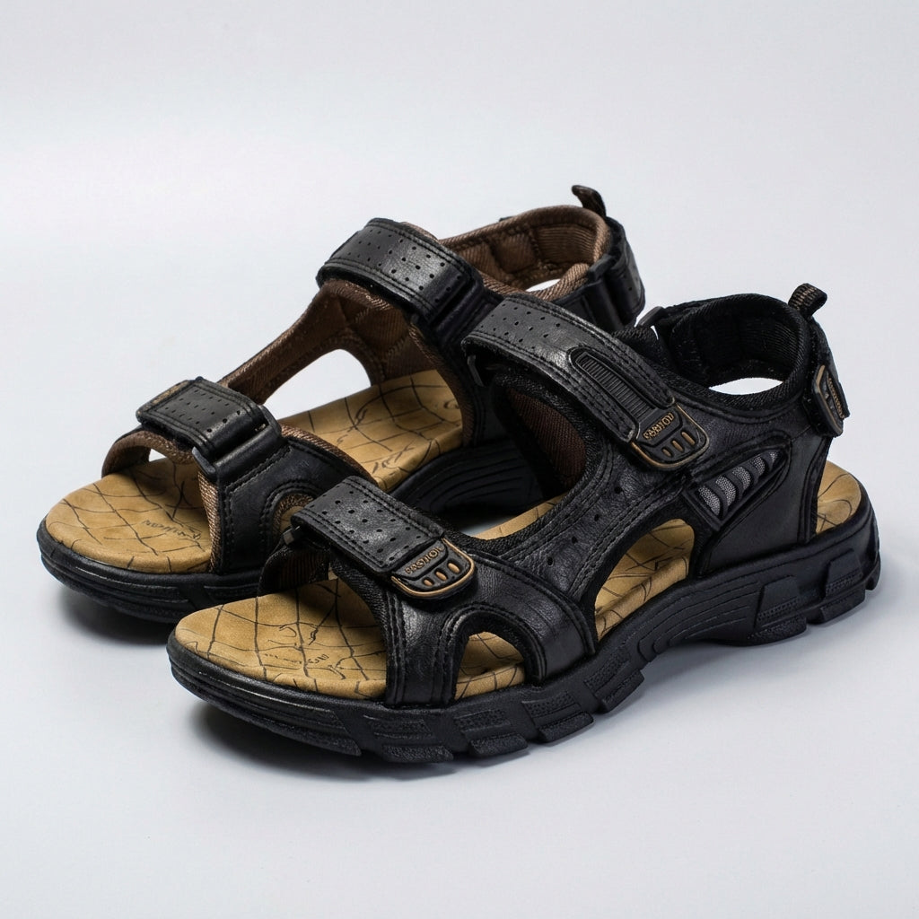 Outdoor men's sandals with orthopedic support, breathable perforated design & durable build for summer adventures.