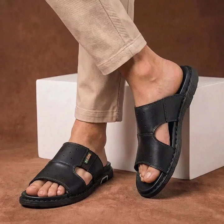 Men's orthopedic slide sandals for wide feet with arch support, providing all-day comfort.