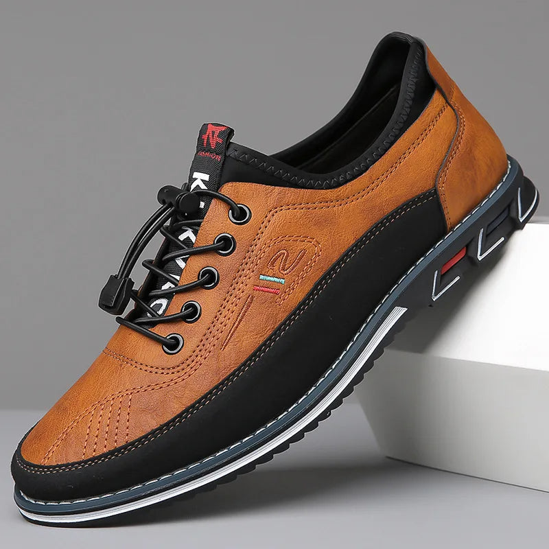 Men's orthopedic walking shoes in brown leather, designed for comfort & support