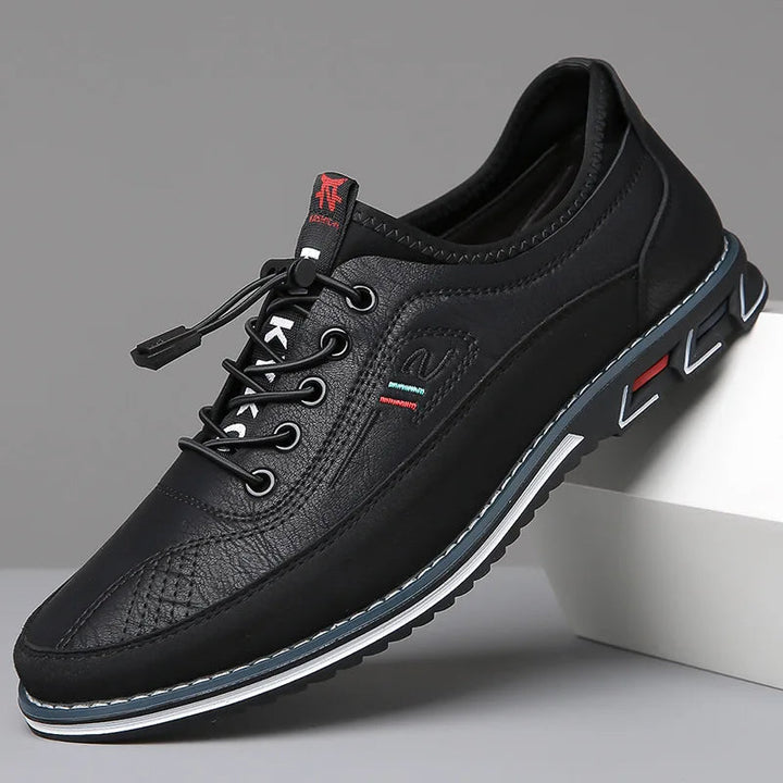 Side view of men's walking shoes, showcasing orthopedic design & durable leather