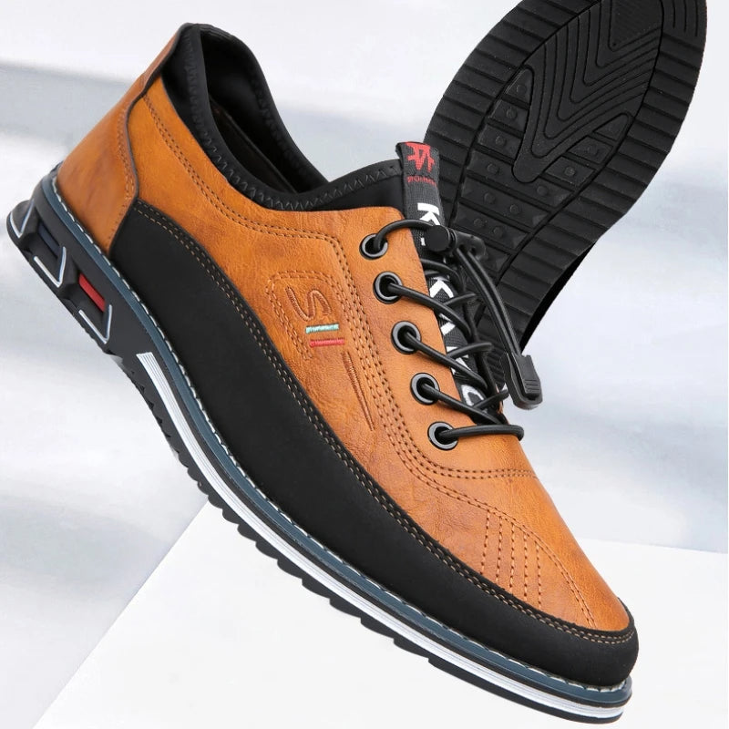 Close-up of men's comfort shoes, highlighting 'slip resistant' sole & quality stitching