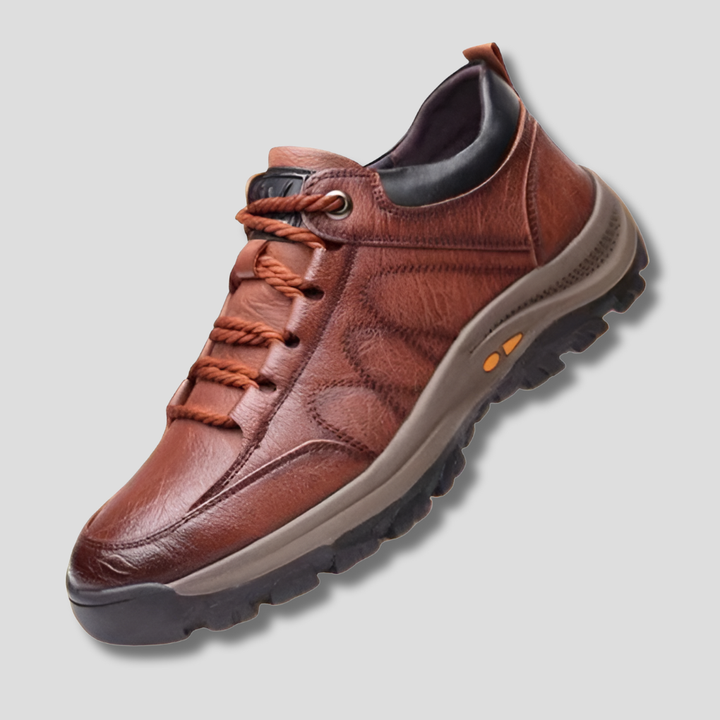 Stylish brown leather orthopedic men's shoes, water-resistant for casual wear