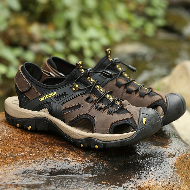 Men's outdoor trekking sandals with a protective closed toe and an essential non-slip sole for stability.