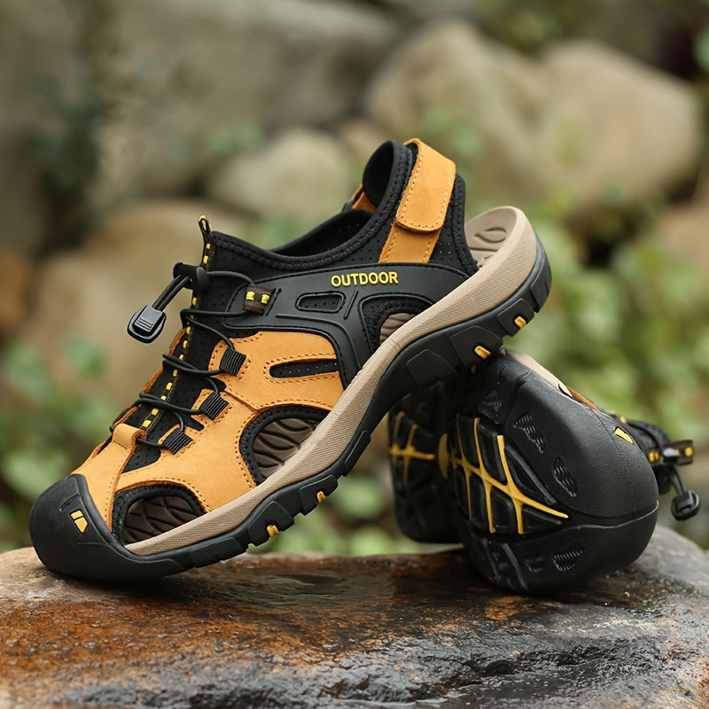 Men's closed-toe outdoor footwear with a secure non-slip sole, designed for hiking and long walks.