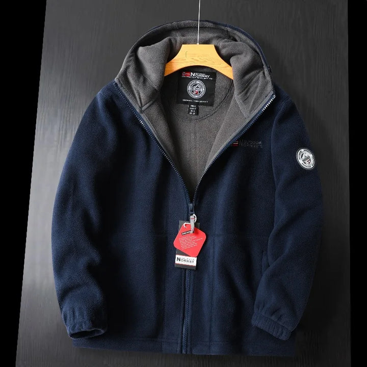 Men's outdoor warm hooded fleece jacket for winter activities or casual wear. Layered outerwear.