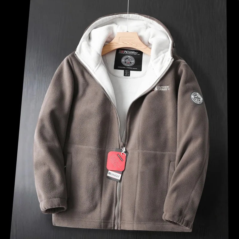 Warm, casual men's hooded fleece jacket. Ideal outdoor apparel for cold weather and layering.