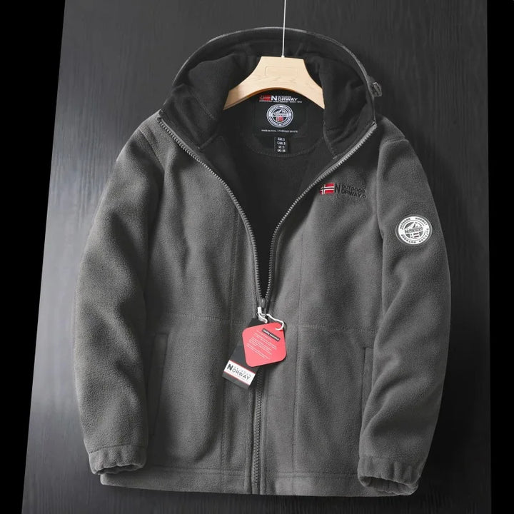 Front view of men's hooded fleece jacket, perfect for warmth, outdoor, and winter fashion.
