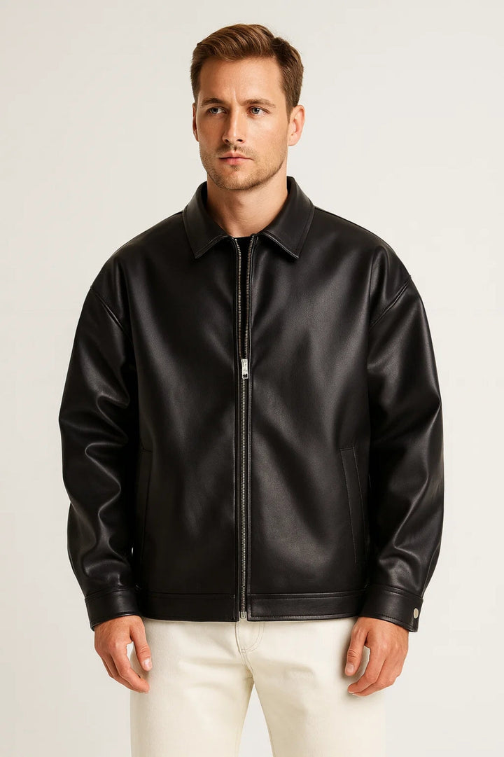 Men's oversized black biker jacket with classic collar, ideal for streetwear & casual urban fashion.