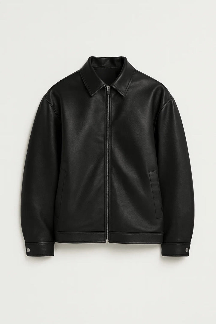 Stylish oversized black men's biker jacket. Features a classic collar & front zip, perfect for outerwear.