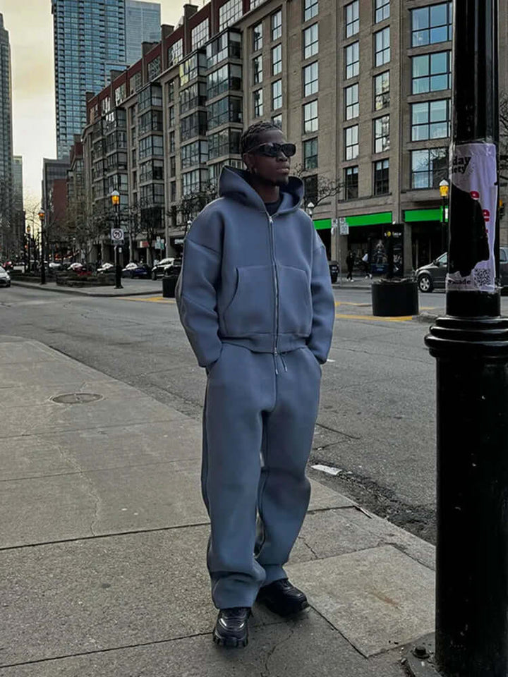 Stylish men's oversized blue tracksuit set, perfect for casual wear, loungewear & relaxed fit comfort.