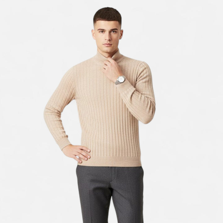 Stylish men's high-lapel oversized pullover sweater, long sleeve, perfect for winter casual & smart casual.