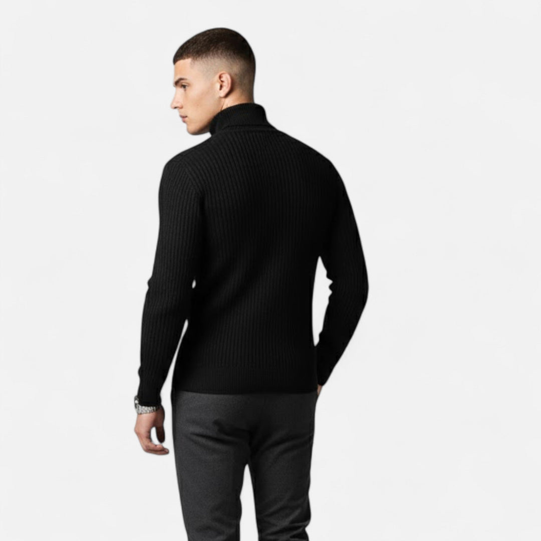 Men's long-sleeve oversized pullover sweater, high lapel design, showcasing elegant winter comfort.