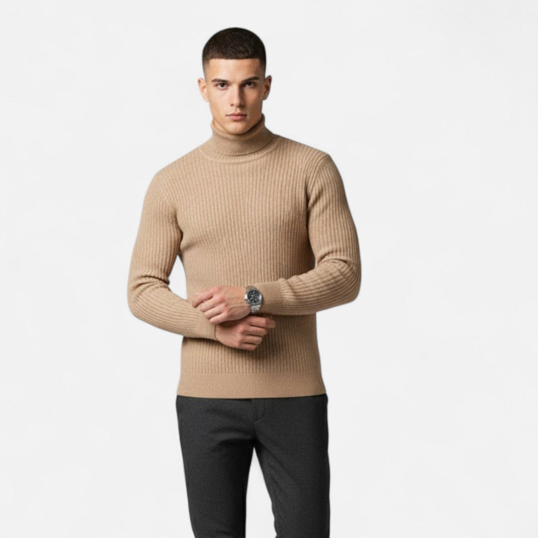 Men's elegant oversized pullover sweater with a high lapel, great for smart casual layering in cold weather.