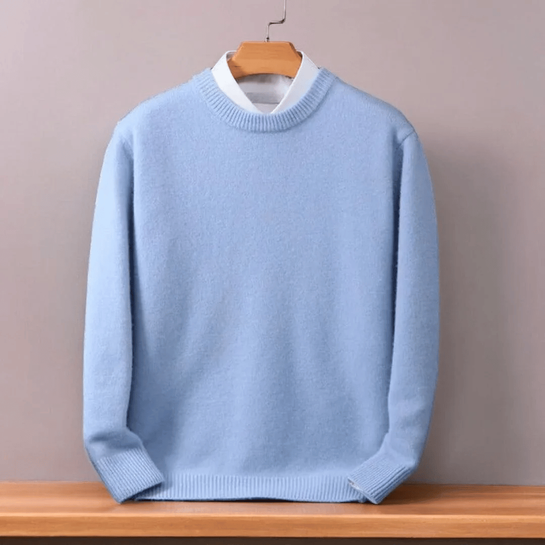 Close-up of the fine knit texture of a men's oversized wool blend pullover for comfort