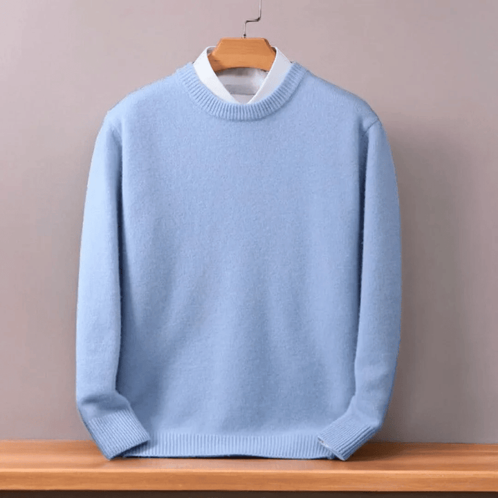 Close-up of the fine knit texture of a men's oversized wool blend pullover for comfort
