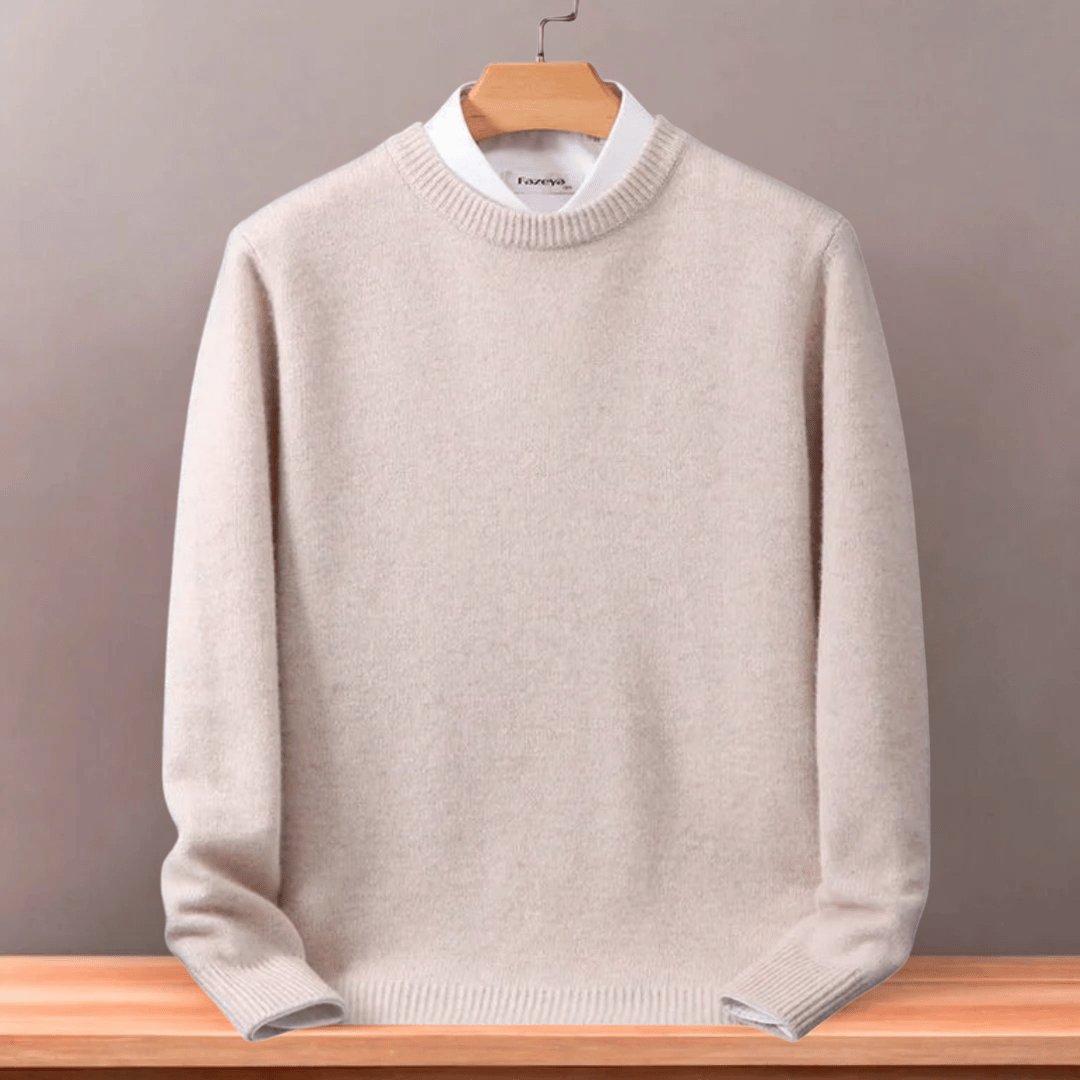 Detailed view of the o-neck collar on a men's oversized fine wool blend sweater