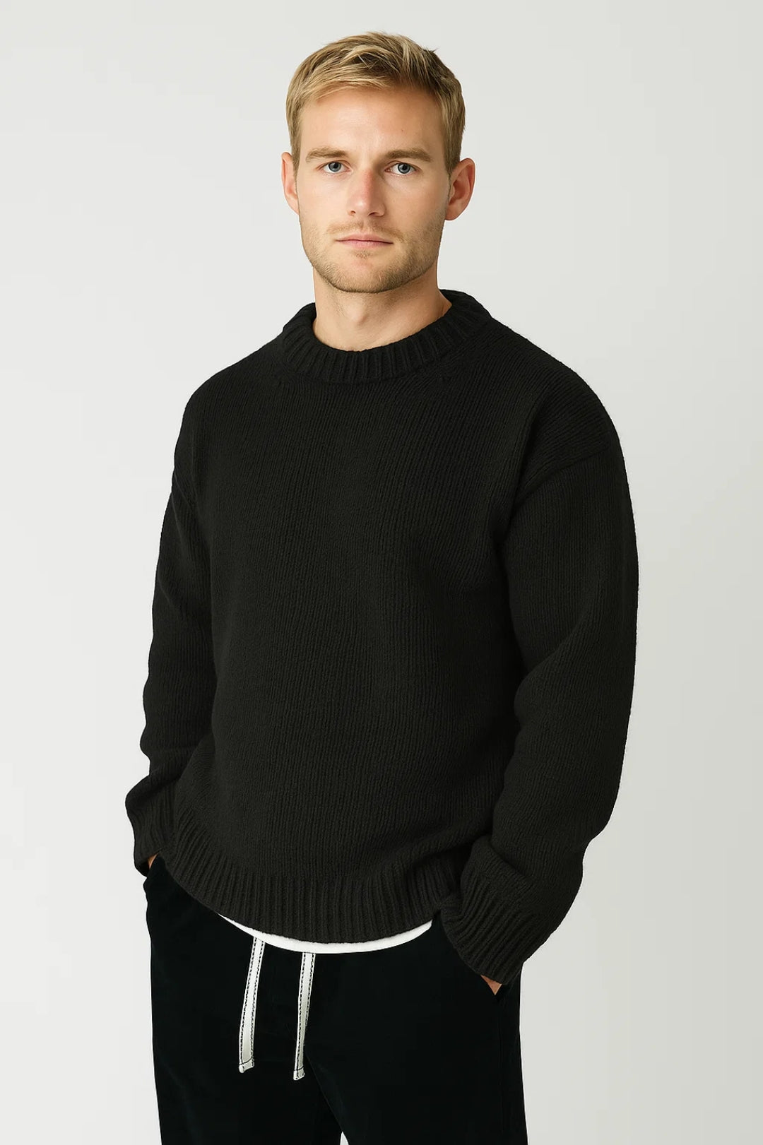 Men's oversized knit sweater with a relaxed fit and classic crew neck, ideal for casual winter comfort & style.
