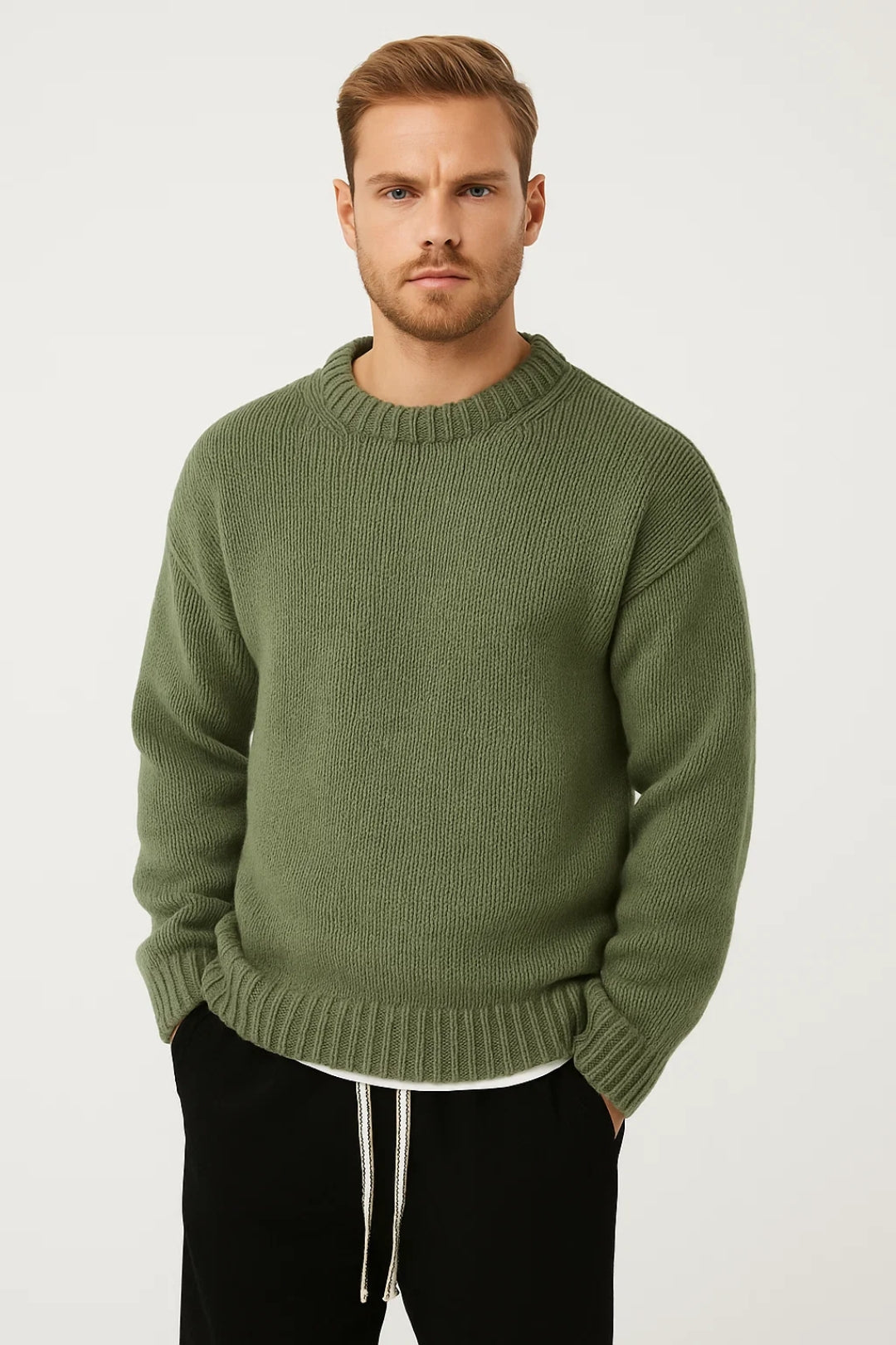 Comfortable men's relaxed fit oversized knit pullover sweater, perfect for everyday layering and winter fashion.