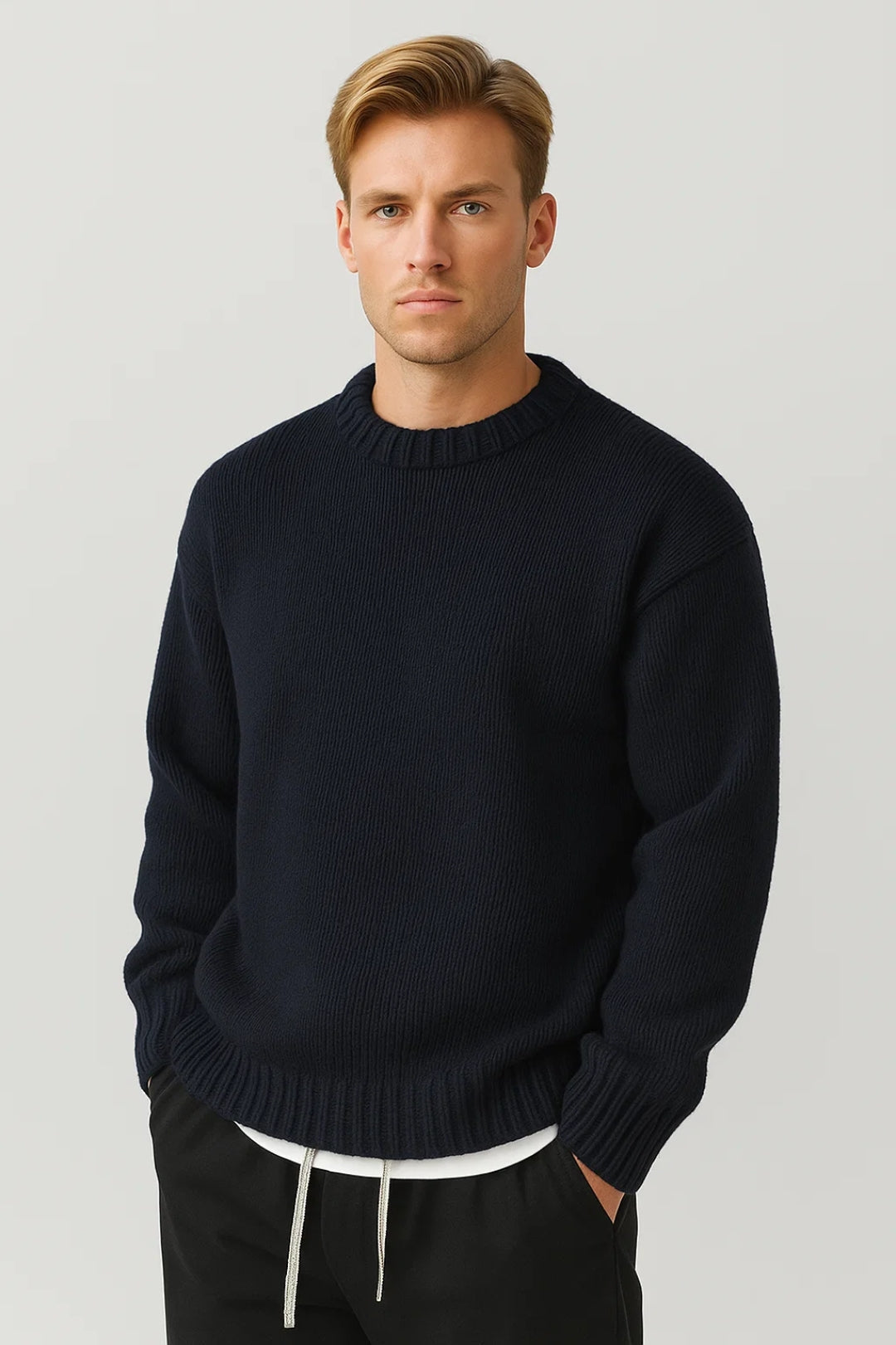 Classic men's oversized knit sweater with a comfortable relaxed fit and crew neck, a versatile winter layering top.