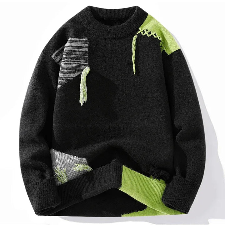 Modern men's oversized patchwork sweater, long sleeve, featuring distressed details and tassels.
