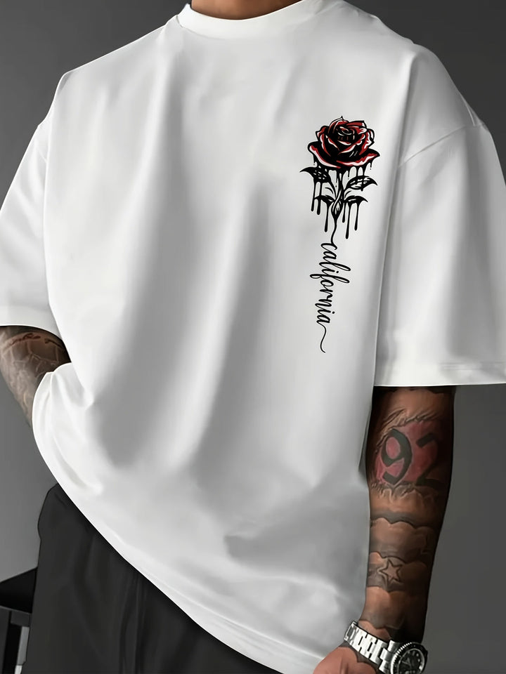 Men's oversized streetwear t-shirt with a bold rose graphic print, perfect for casual summer style.