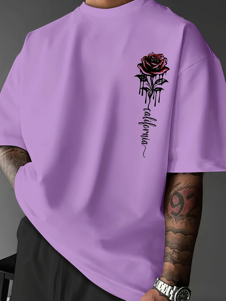 Urban fashion men's loose fit tee featuring a unique rose print, ideal for comfortable streetwear.